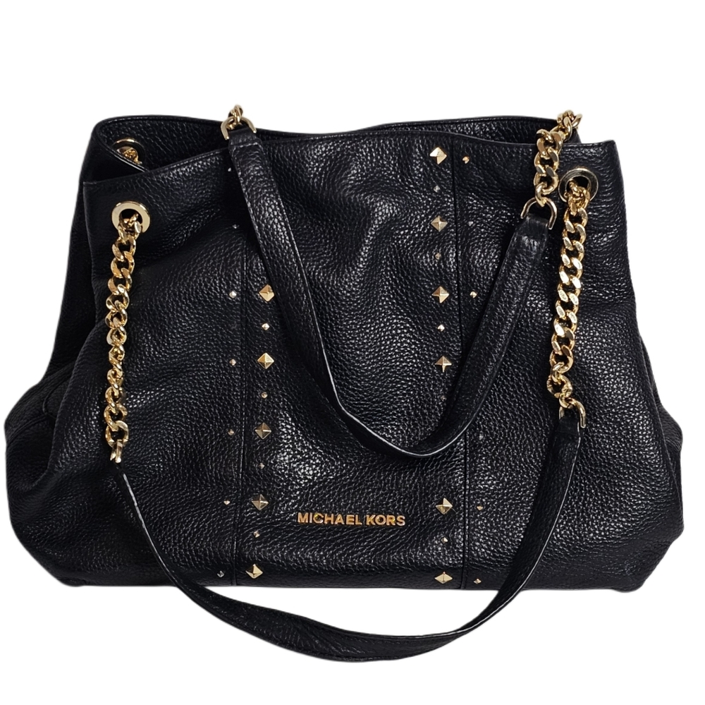 Michael Kors Jet Set Studded Leather Black Handbag Shoulder Tote Travel Bag Chic - Picture 5 of 16